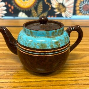 Vintage Sadler Brown Betty Teapot England Redware BlueGreen Salmon Stripes